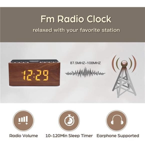 Wooden Digital Alarm Clock FM Radio, Fast Wireless Charger Station for iPhone - Picture 5 of 6